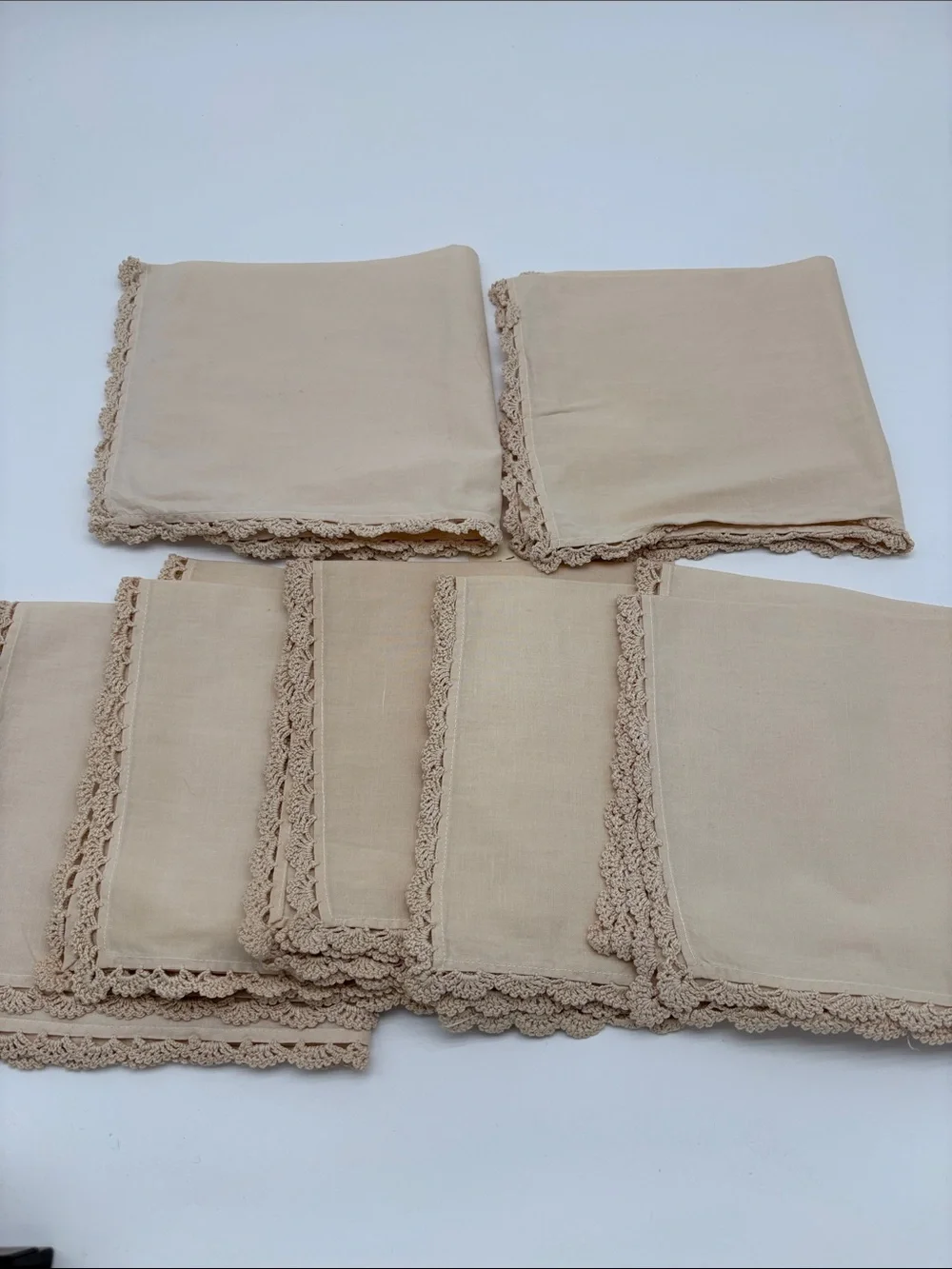Vintage Deadstock Lot of 7 Cream Cotton Handmade Embroidery Lace Napkins 6x6